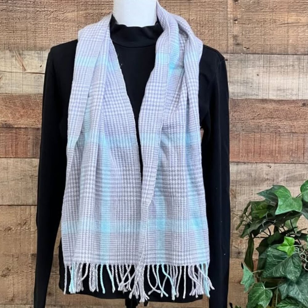 Light Blue & Gray Acrylic Cashmere Feel Plaid Fringed Scarf